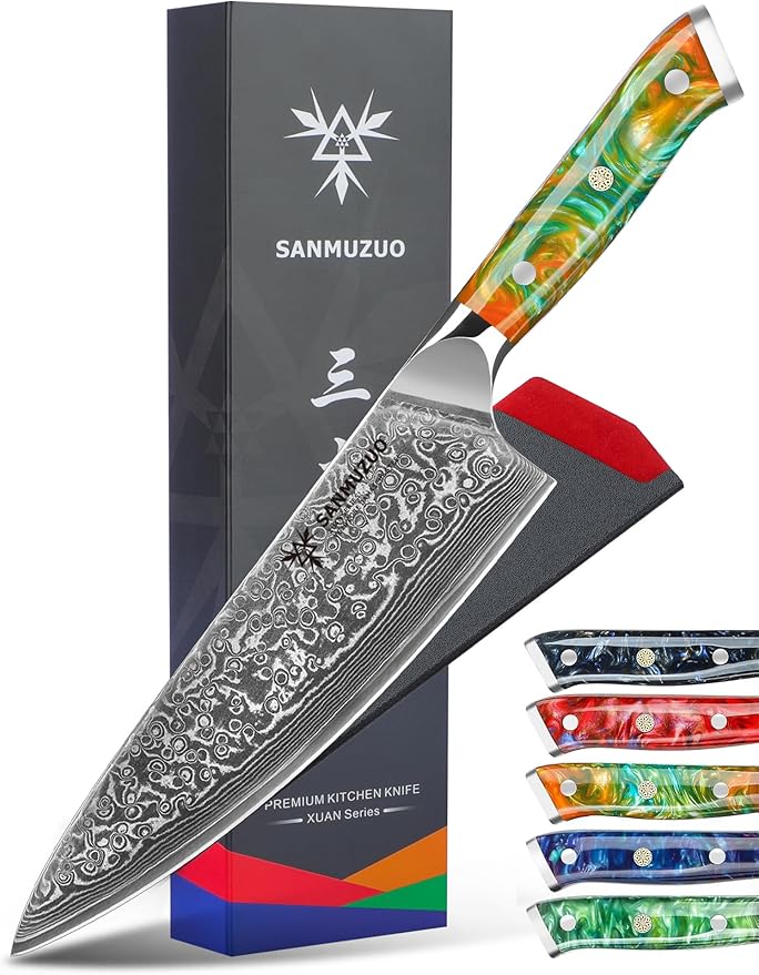 SANMUZUO Chef Knife - 8 inch - Xuan Series - VG10 Damascus Steel Kitchen Knife - Resin Handle (Sapphire Blue)