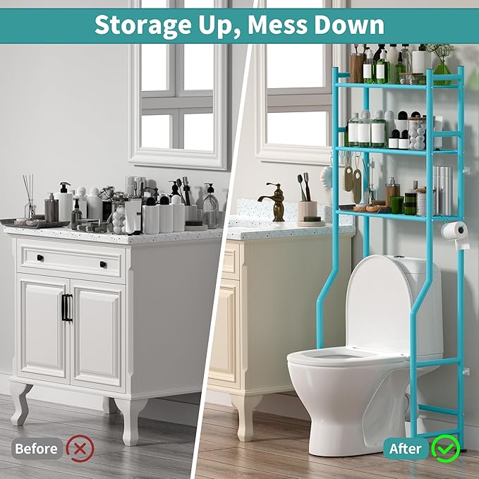 3-Tier Over The Toilet Storage with Paper Holder, Metal Bathroom Organizers and Storage for Small Space, Freestanding Bathroom Shelves with 4 Hooks, Above The Toilet Storage Shelf (Blue)
