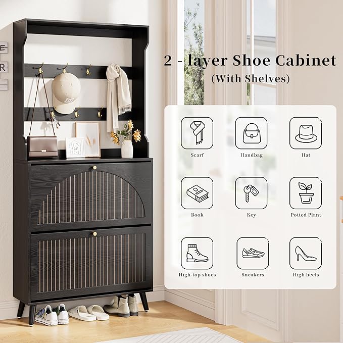 Shoe Cabinet for Entryway with 2 Flip Drawers & Coat Rack, Narrow Hidden Shoe Storage Cabinet with Fluted Panel, 2-in-1 Hall Tree Slim Freestanding Shoe Rack Organizer for Hallway, Black
