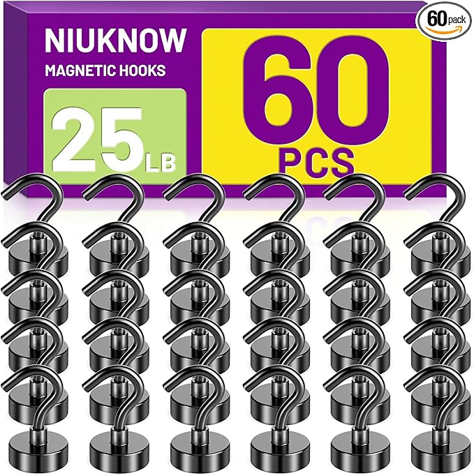 Magnetic Hooks, 25lbs Magnet Hooks for Hanging, Heavy Duty Earth Magnets with Hook for Refrigerator, Magnetic Hanger for Cabins, Grill, Office, Home, Kitchen Accessories (Black, 60 Pack)