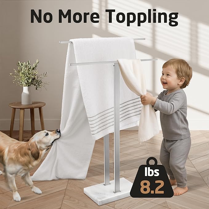 KES Standing Towel Racks for Bathroom 2-Tier, Floor Towel Rack Stand with Heavy Marble Base, Upgrade Steady Freestanding Design, Pro-Grade 18/8 Stainless Steel Brushed Finish, BTH217-2
