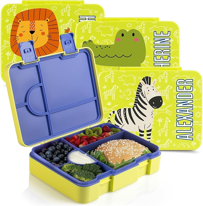 Personalized Bento Box for Kids with Safari Icon and Name - Royal Blue - 5 Compartments Drop-Proof Bento Box, Dishwasher Safe, Made with BPA-Free Materials, Bento Lunch Box for Kids and Toddlers