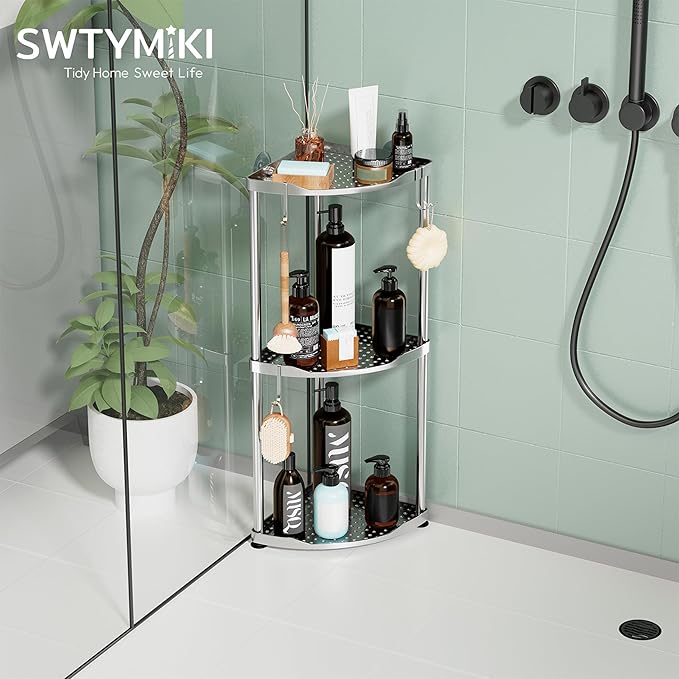 SWTYMIKI Corner Shower Caddy Standing - 3 Tier Stainless Steel Shower Organizer Stand, Large Capacity Floor Shelf with 4 Hooks, Rustproof Bathroom Storage Rack,Silver