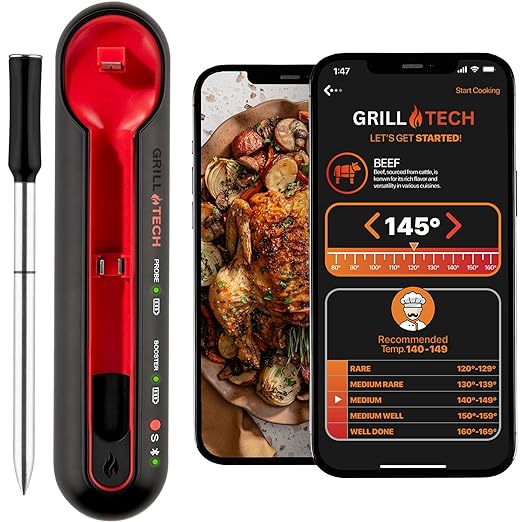 Grill Tech Smart Bluetooth Meat Thermometer Wireless Thermometer for Grilling and Smoking, Precision Accuracy, 950ft Range, USB-C Rechargeable Case, Grill Tech App for Grilling