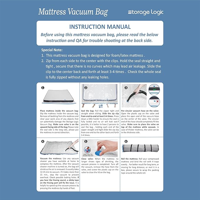 Storage Logic Twin/Twin-XL Foam Mattress Vacuum Bag with Blue Zipper, Vacuum Seal Mattress Bag, Straps Included