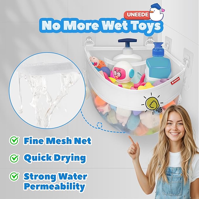 UNEEDE 4.32 Gallons Corner Mounted Bath Toy Storage Holder, Mesh Shower Caddy for Bathtub Organizer, Quick Dry Holder