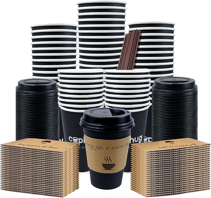cuphug 12oz Disposable Coffee Cups with Lids, Kraft Sleeves & Straws, 100 Pack Black Paper Hot Drink Cups