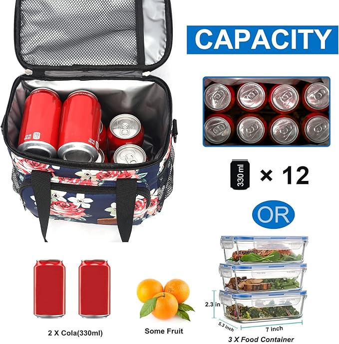 Femuar Lunch Bags for Women/Men, Insulated Lunch Bag for Work Office Picnic - Large Lunch Cooler Bag Leakproof Lunch Box with Adjustable Shoulder Strap for Adults - Floral