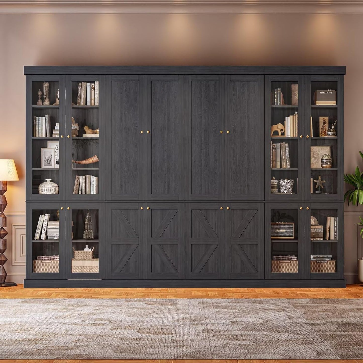ivaniti 70.8" Tall Bookshelf with Doors, Farmhouse Modular Bookcase with 4-Tier Adjustable Shelves, Large Storage Cabinet for Home Office, Living Room, Brown, Set of 2