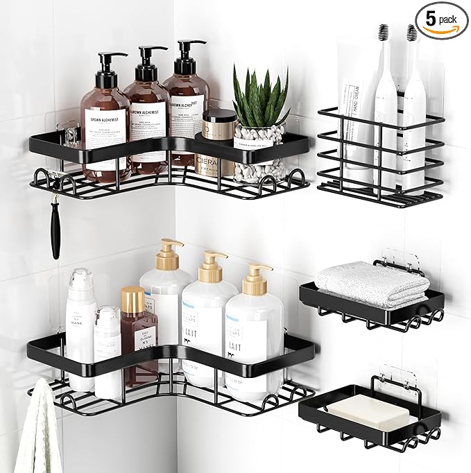 Corner Shower Caddy - 5-Pack Shower Organizer with Soap Holder & Toothbrush Holder, Rustproof Metal Shower Shelves, Laundry, Kitchen, Bathroom Organizers and Storage Solution, Large, Black