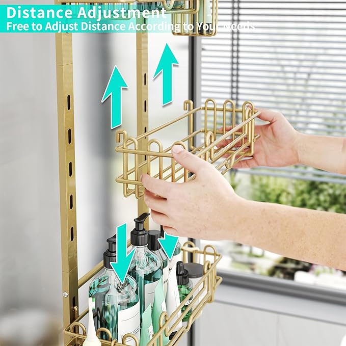 HapiRm Hanging Shower Caddy Organizer - Shower Shelf with 22 Hooks and 2 Toothbrush Holders, No Drilling Adjustable Hanging Bathroom Organizer - Gold