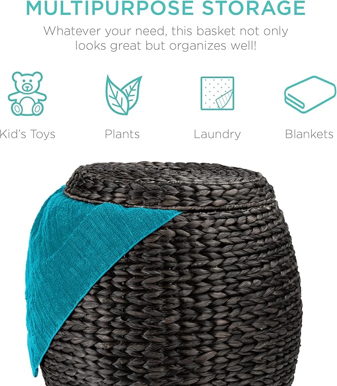 Best Choice Products Vintage Multipurpose Hyacinth Storage Basket, Plant Décor, Handwoven Organizer Tote for Bedroom, Living Room, Bathroom, w/Lid - Black