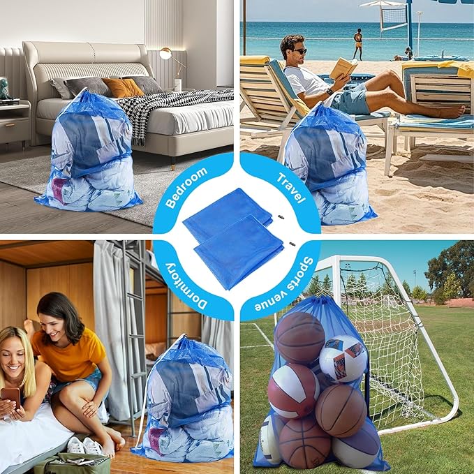 2 Pack Large Mesh Laundry Bags, 24" x 36" Heavy Duty Strong Drawstring Dirty Clothes Bags with Soft Breathable Net, Machine Washable Laundry Bag for College, Dorm, Camp, Travel and Family Use(Blue)