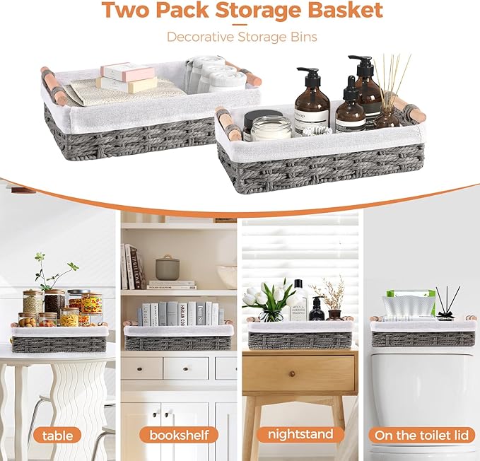 HomeHacks 2 Pack Storage Basket Paper Rope Baskets for Organizing with Handle Decorative Storage Bins for Countertop Toilet Paper Basket for Toilet Tank Top Small Baskets, Grey