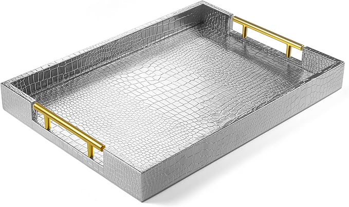 ATZYmolin 17"x12" Leather Serving Tray, Gold Handle Vanity Platter, Gold