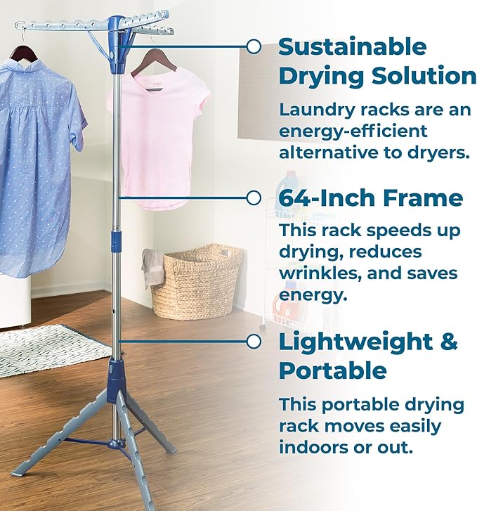 Honey-Can-Do Steel Tripod 64-Inch Folding Clothes Drying Rack – Space-Saving Collapsable Clothes Rack, Durable Clothes Dryer Stand for Laundry Room, 3 Rotatable Arms for 30 Hangers