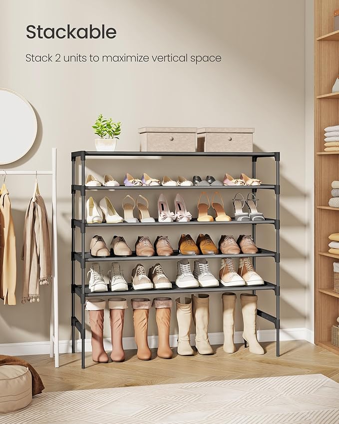 SONGMICS Shoe Rack, 3-Tier Shoe Storage Organizer, Space-Saving, 11.7 x 36.1 x 21 Inches, Entryway, Metal Frame, Non-Woven Fabric Shelves, Ink Black ULSH033BH01