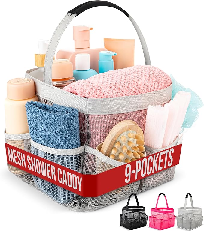 Masirs Mesh Shower Caddy - 9 Pocket Portable Bathroom Organizer Tote for Travel, Gym & Dorm - Collapsible Small Shower Caddy Bag to Hold Toiletries & Essentials (Gray)