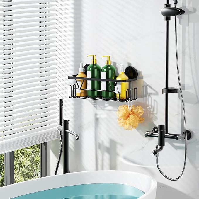 ZUNTO Suction Cup Shower Caddy with Hooks for Bathroom, No Drill and Reusable, Removable Shower Shelf for Organizer and Storage, Damage-free with Large Capacity for Wall