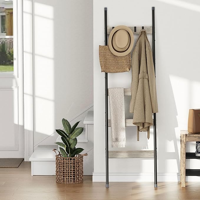 Blanket Ladder, 5-Tier Towel Holder with 4 Removable Hooks, Farmhouse Wall Leaning Decorative Rack Shelf, Wooden Towel Display Rack, Quilt Ladder for Living Room, Bedroom, Greige