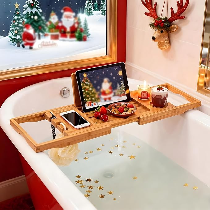 Utoplike Bamboo Bathtub Caddy Tray Bath Tray for Tub, Adjustable Bathroom Bathtub Organizer with Book Tablet Wine Glass Cup Towel Holder (24.5"-37.4")