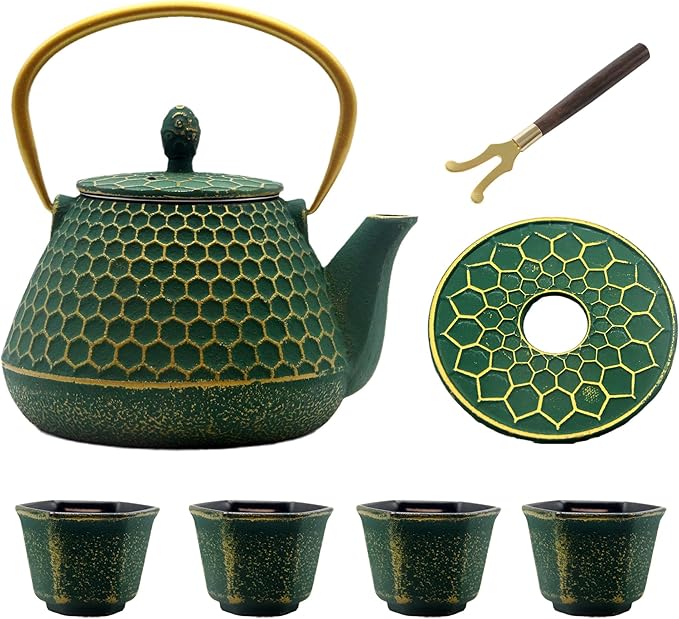 YJX Cast Iron Teapot and Tea Cups Set, 33.8oz Hexagon Pattern Tea Set with Cups and Cup Mats, Enameled Tea Kettle for Stovetop, Durable Tea Pot Set with Stainless Steel Infuser for Loose Leaf