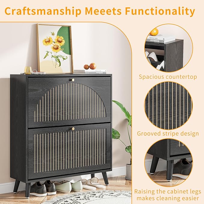 Shoe Storage Cabinet for Entryway with 2 Flip Drawers, Narrow Wood Shoe Cabinet with Fluted Panel, Freestanding Hidden Shoe Organizer for Foyer, Hallway (Black - with Shelf)