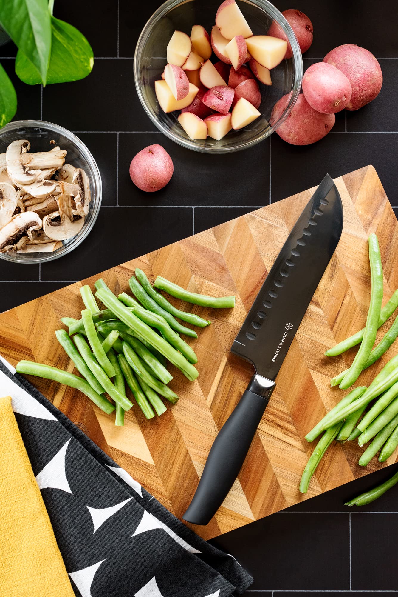 DURA LIVING Santoku Knife - 7 Inch Black Nonstick Titanium Plated Stainless Steel Ultra Sharp Blade, With Ergonomic Comfort Grip Handle Asian Chef's Knife, With Matching Sheath