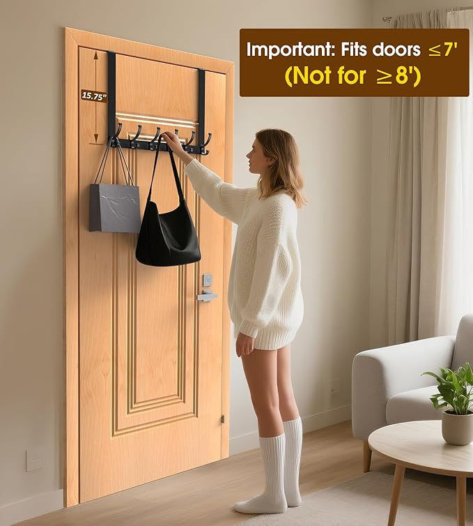 Long Over The Door Hooks Hanger with 15.75" Arms for Easier Access by Shorter, Heavy Duty Door Hanger for Coat, F16U, Fits Standard 1 3/4'' Doors, Towel Racks for Bathroom, Black