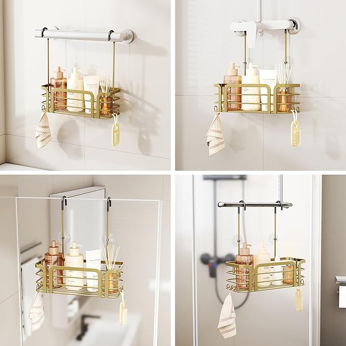SWTYMIKI Shower Caddy Hanging Organizer - Over the Door Shower Caddy with 6 Hooks, 2 Installation Ways, Stainless Steel Rustproof Bathroom Organizer, Gold Small