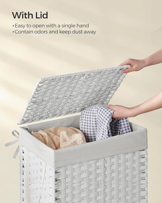 SONGMICS Laundry Hamper with Lid, 23.8 Gallon (90 L) Synthetic Rattan Clothes Laundry Basket with Lid and Handles, Foldable, Removable Liner, Cloud White ULCB51WT