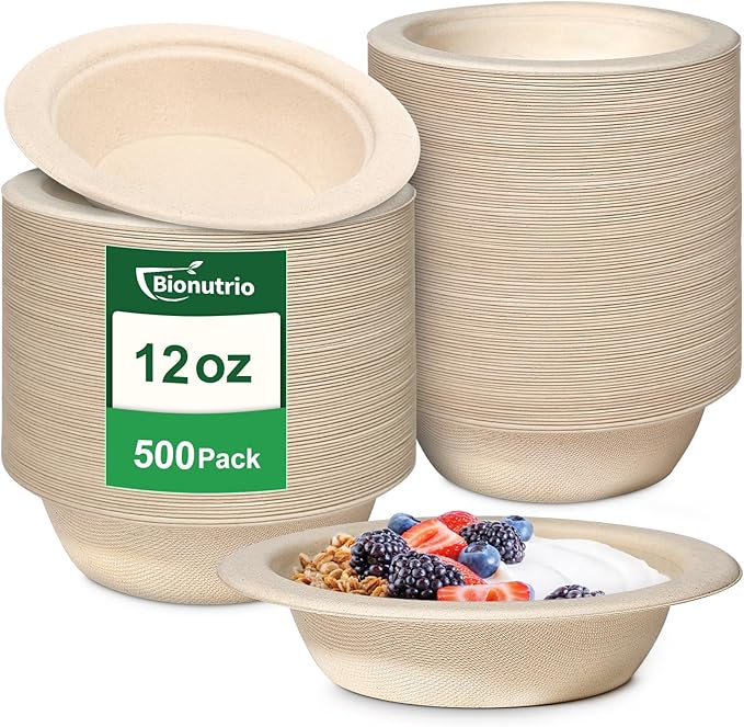 Bionutrio 12 oz Paper Bowls Disposable, 500 Pack Compostable Bulk
