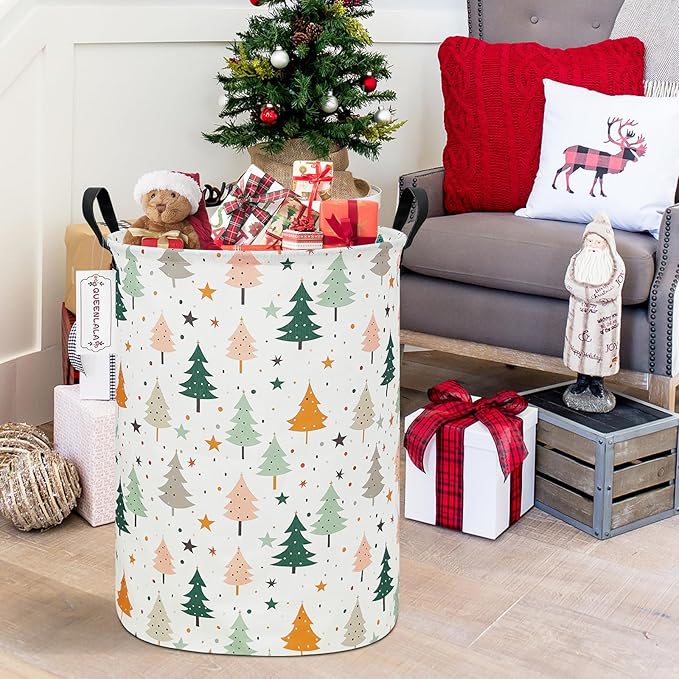 QUEENLALA Large Storage Basket,Laundry Hamper/Bathroom/Home Decor/Collapsible Round Storage Bin,Boys and Girls Hamper/Boxes/Clothing(Round-pine tree)