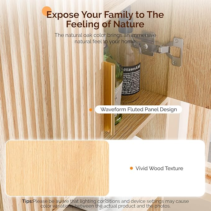 VINGLI Over The Toilet Storage Cabinet with Fluted Doors, Mid Century Modern Bathroom Organizer Over Toilet, Freestanding Wooden Space Saver Stand with Adjustable Shelves, Natural Oak