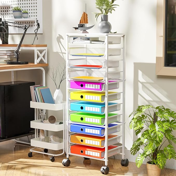 Simple Trending 12 Tier Rolling File Cart,Wood Desk File Organizer with Sliding Trays and Wetal Mesh Paper Letter Storage Multi-Functional Rolling Clutter Cart for Office, Home, School,White