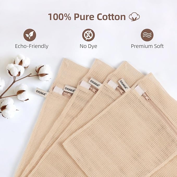 100% Cotton Mesh Laundry Bags, Premium Soft, No Dye, Set of 4, Natural