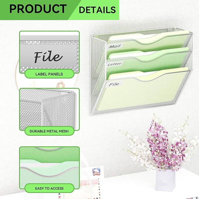 3 Pockets Hanging Wall File Organizer Mail Holder, Wall Mounted Paper Document Folder Holder, Clipboard Storage Organization Magazine Rack, Silver
