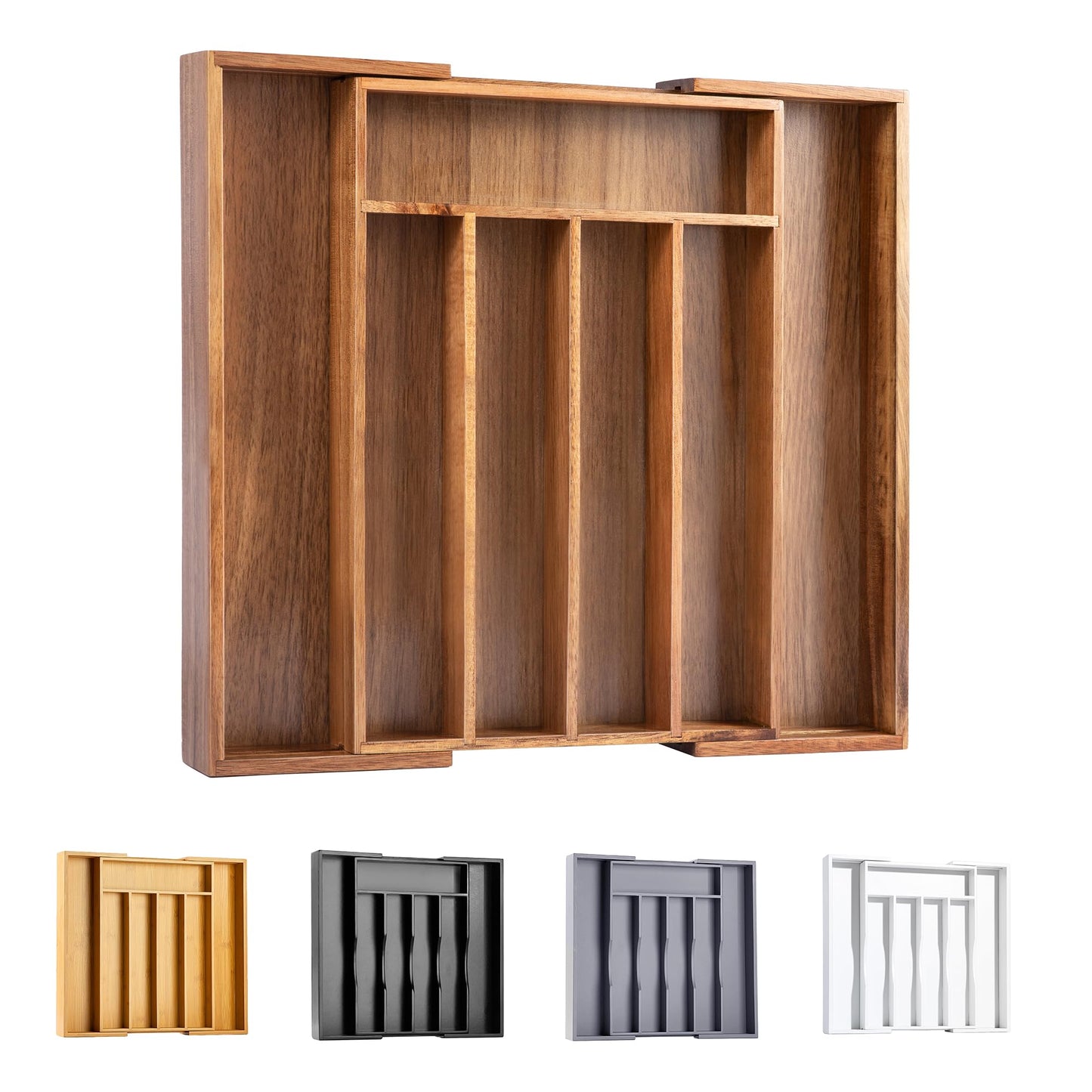 Bellsal Large Premium Acacia Wood Silverware Organizer - Expandable Utensil Drawer Organizer - 17"x19.6" Utensil Holder and Cutlery Tray with Grooved for Kitchen Flatware Utensils(7-9 Slot, Acacia)