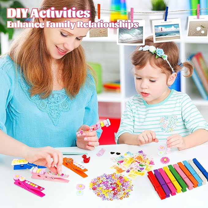 50-Pack Cheer Pins Kits-50pcs 2.9 Inch Wooden Clothespins 10 Colors, 58 Resin Charms, 2 Gem Stickers, 200 Letter Beads for Team Spirit, Classroom Crafts & Cheerleading Accessories with Glue & Tools