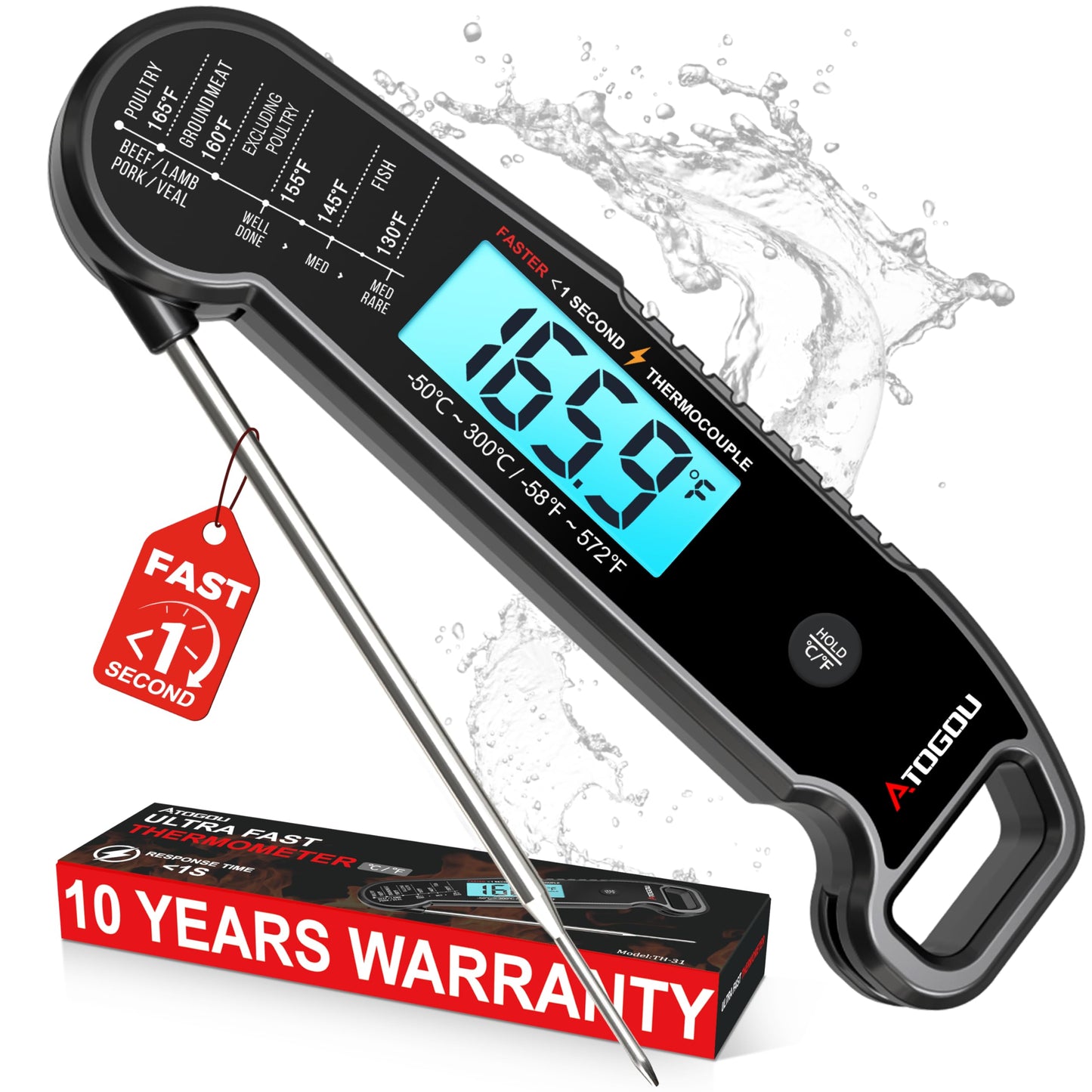 Atogou Professional Meat Thermometer Digital, <1 Sec Instant Read, Black