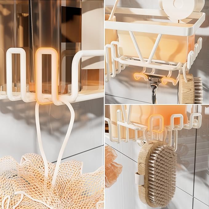 KEGII Shower Caddy Suction Cup with Soap Holder and Hooks, Removable Suction Bathroom Organizer Shelf, No Drilling Shower Organizer, Stainless Steel Shampoo Holder for Bathroom Storage, Cream White