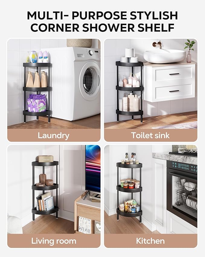 Nieifi Corner Shower Caddy Stand-3 Tier Rustproof Anodized Aluminum Standing Shower Organizer-Shower Caddy Corner-Dual Stability to Anti-Shaking-Height-Adjustable Legs for Uneven Surfaces-Black