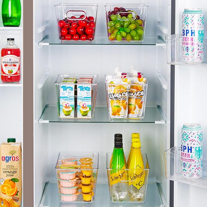 Vtopmart Clear Plastic Storage Bins, 2 PCS Pantry Organizer Bins with Handle for Refrigerator, Fridge, Cabinet, Kitchen, Countertops, Cupboard, Freezer Organization and Storage, Medium