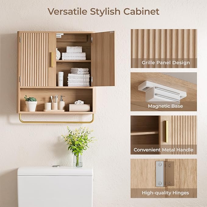 Bathroom Cabinet Wall Mount with Fluted Door Panel & Adjustable Shelf, Medicine Cabinet with Open Partition and Towel Bar, Wall Storage Cabinet for Laundry Room & Kitchen (Natural Oak)