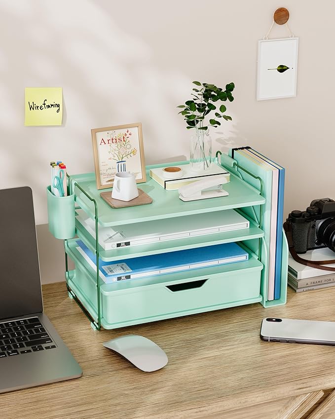 Kitsure Desk Organizer - 4-Tier Office Desk Accessories with Drawer ＆ Pen Holder, Tool-Free Assembly Organizer with Non-Slip Pads, for Office Supplies Storage, Plastic, 13.3" x 8.0" x 10.8", Green