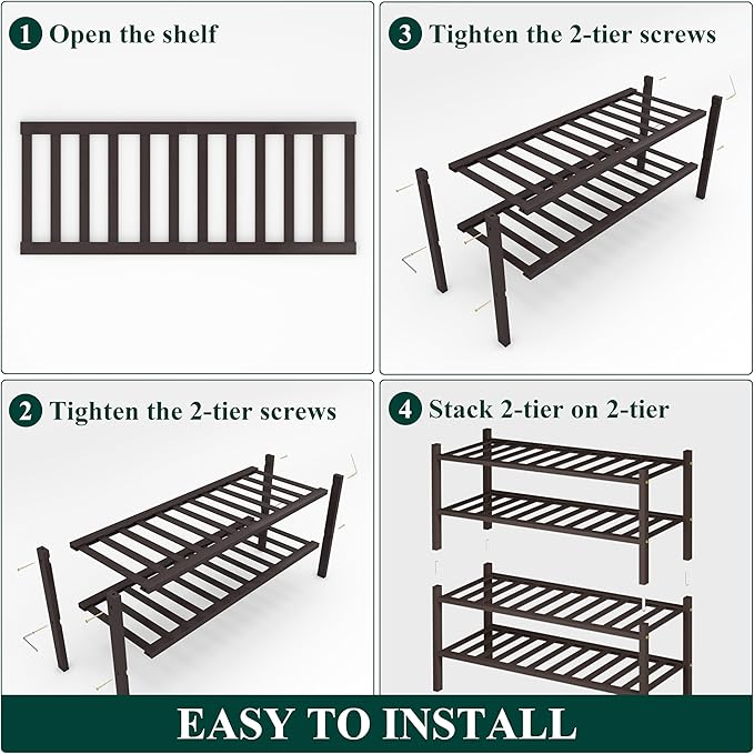Smiry Shoe Rack, 4 Tier Bamboo Shoe Organizer, Stackable Free Standing Wooden Shoe Storage Shelf for Closet, Entryway, Front Door Entrance, Brown