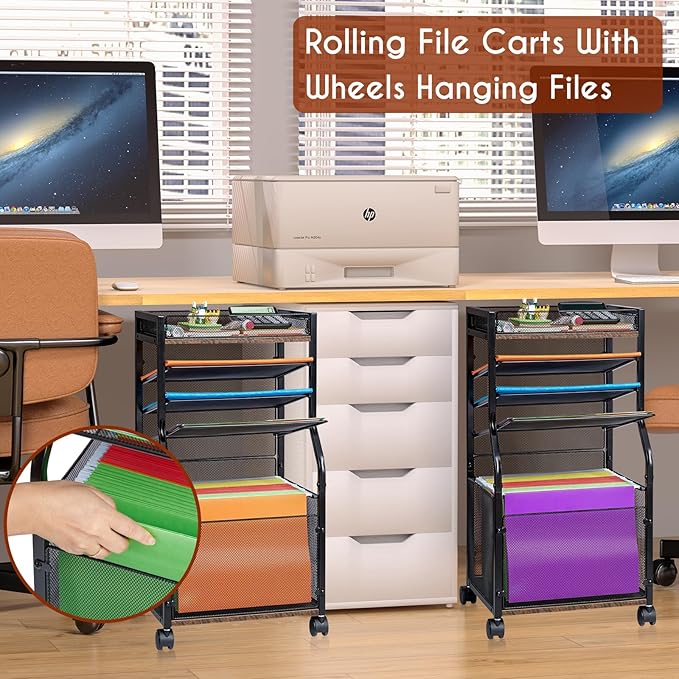 5-Tier Rolling File Cart with Hanging File Folders, Mobile Desk File Organizer on Lockable Wheels, Wood & Mesh Paper Letter Sliding Trays Organization for Office, Home, School, Patent