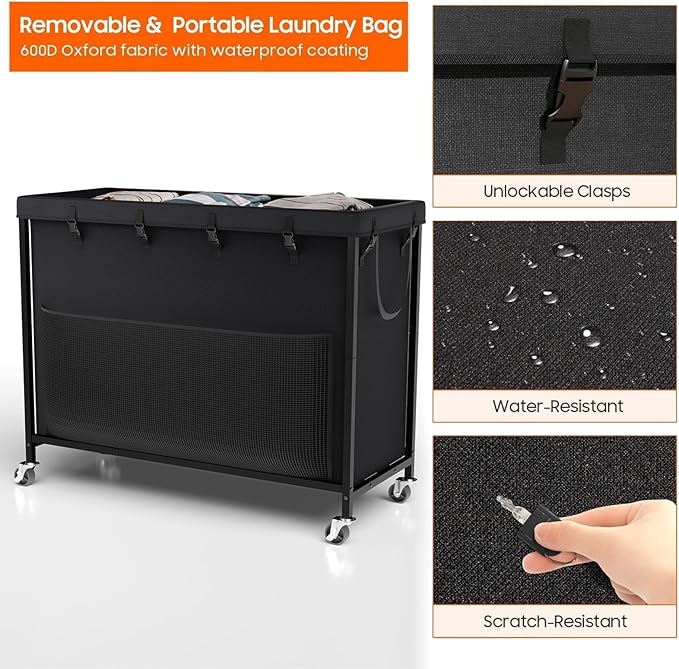 300L Laundry Hamper with Wheels, Rolling Laundry Basket with Metal Frame and Removable Bag, Large & Tall Dirty Clothes Hampers for Bedroom Aesthetic, Laundry Room, Bathroom, Dorm-Black