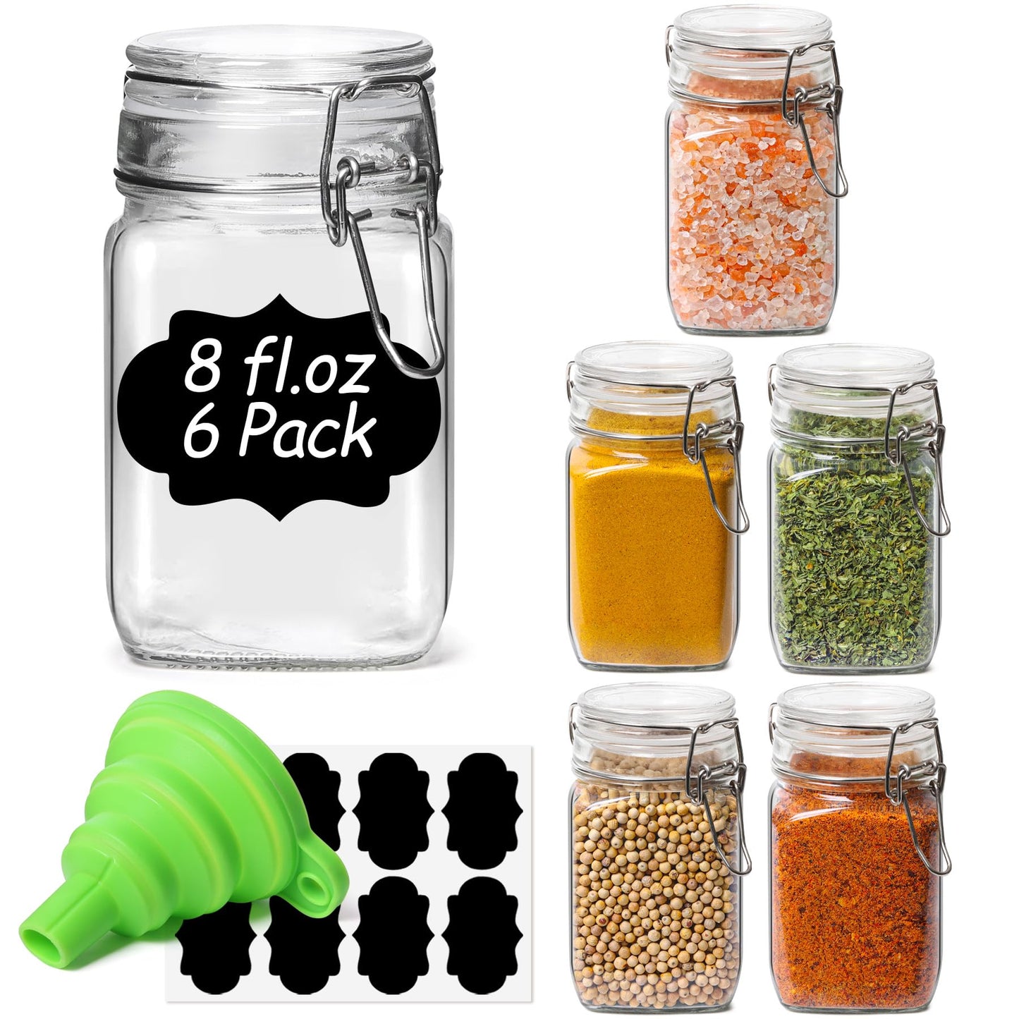 ComSaf Square Glass Spice Jars 8 oz 6 Pack with Labels and Funnel Set