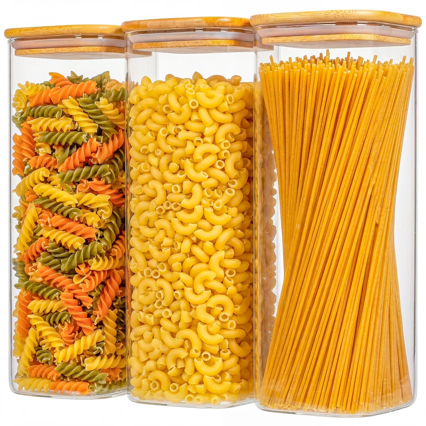 Xoniwis 3-Pack 1.6Qt Square Glass Storage Jars with Bamboo Lids